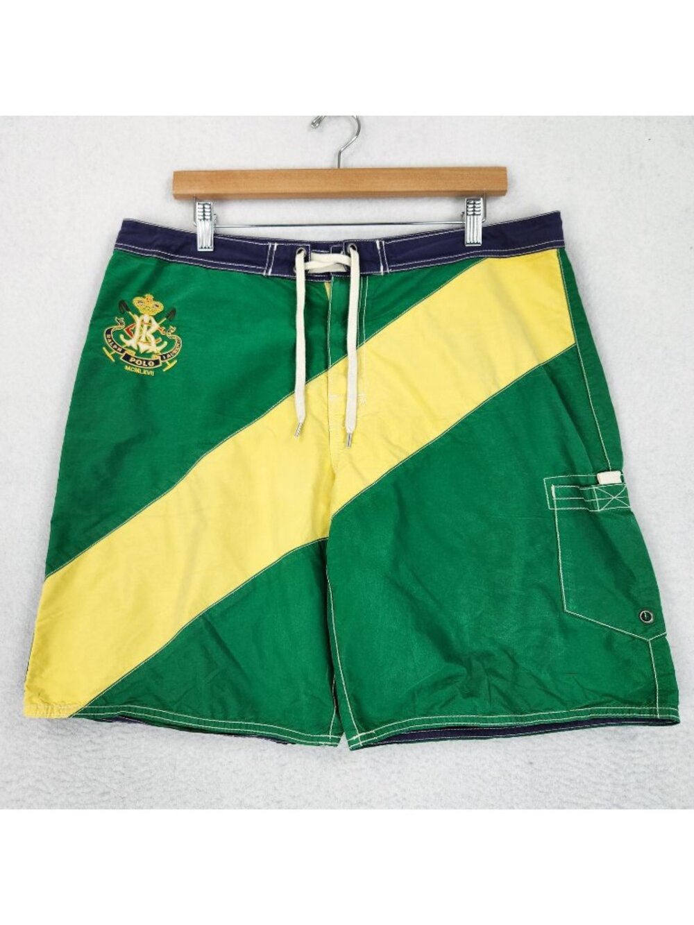 Polo Ralph Lauren Board Shorts Mens 34 Green Yellow Colorblock Crest Swim Trunks